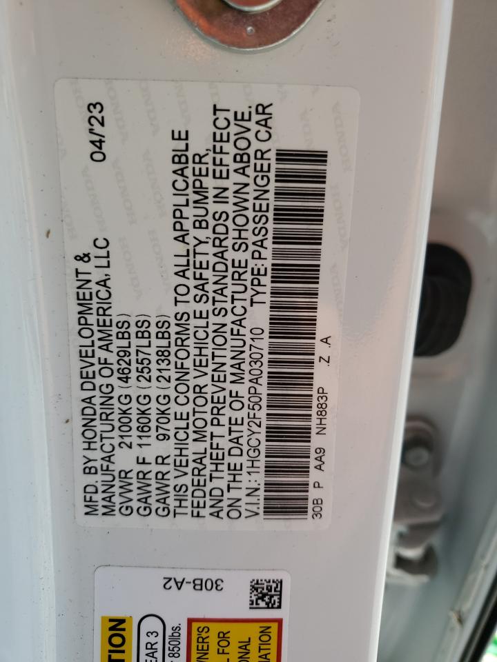 2023 Honda Accord VIN 1HGCY2F50PA030710 Copart auction photo, front end / side damage thumbnail 13