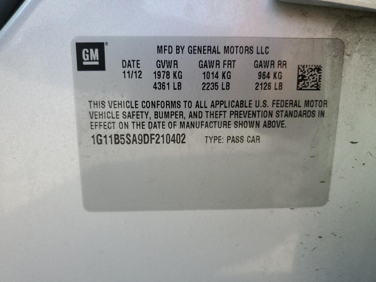 2013 Chevrolet Malibu VIN 1G11B5SA9DF210402 Copart auction photo, side / front end damage thumbnail 12