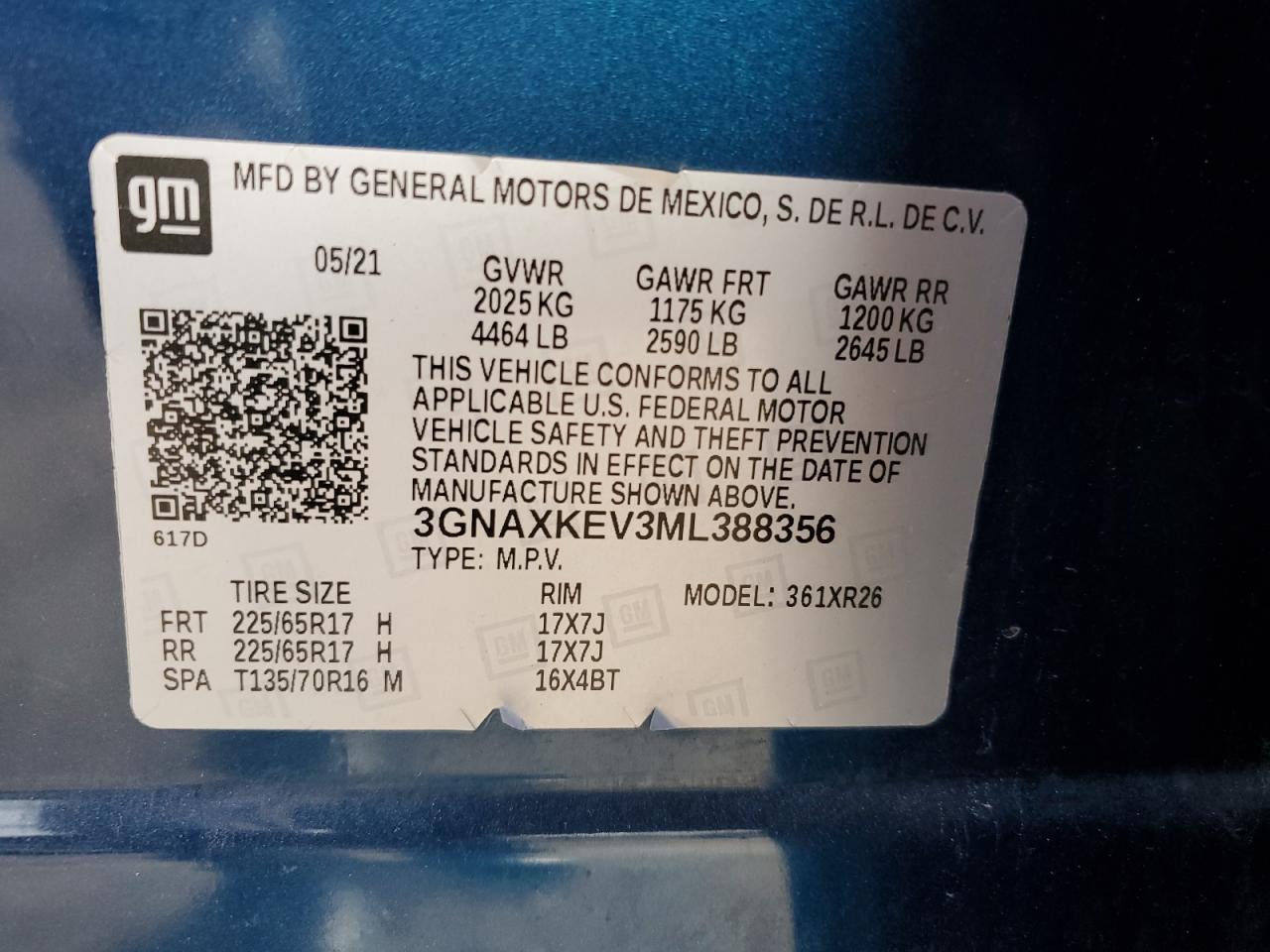 2021 Chevrolet Equinox VIN 3GNAXKEV3ML388356 Copart auction photo, rear end / front end damage thumbnail 13