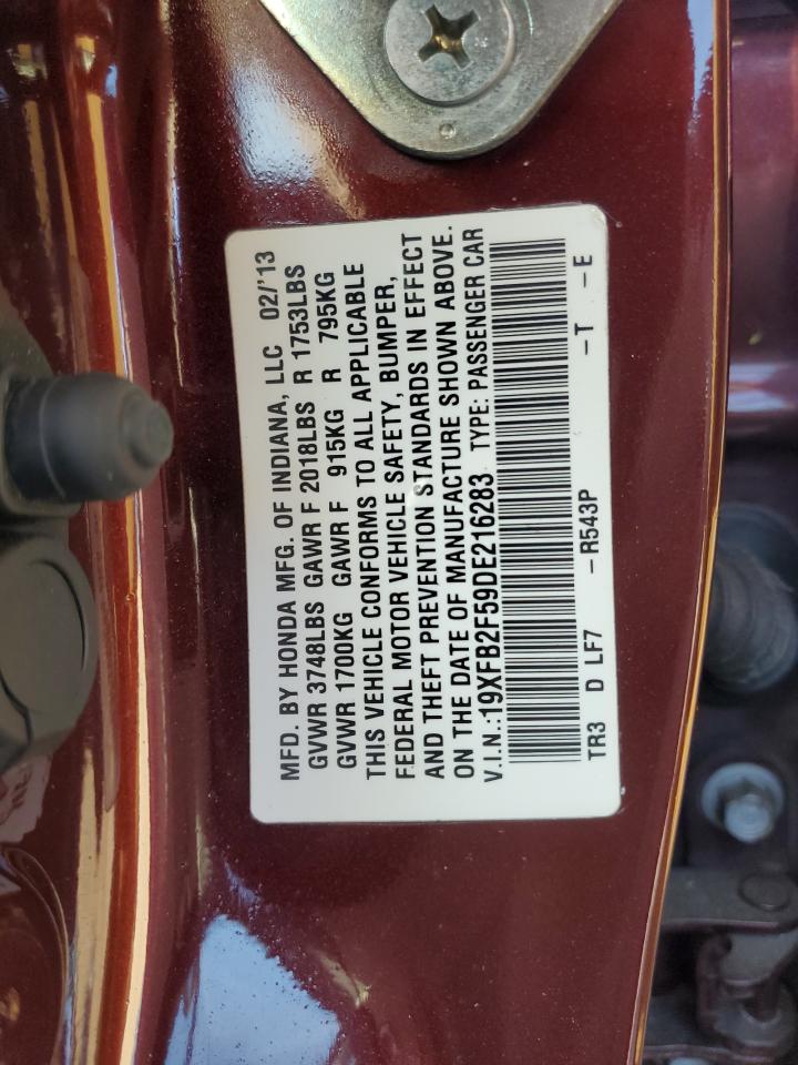 2013 Honda Civic VIN 19XFB2F59DE216283 Copart auction photo, water/flood / minor dent/scratches damage thumbnail 12