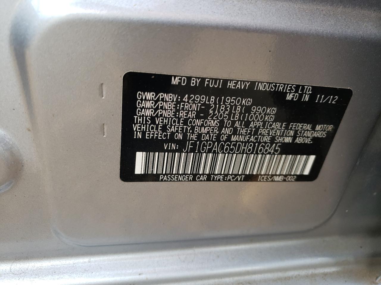 2013 Subaru Impreza VIN JF1GPAC65DH816845 Copart auction photo, front end damage thumbnail 14
