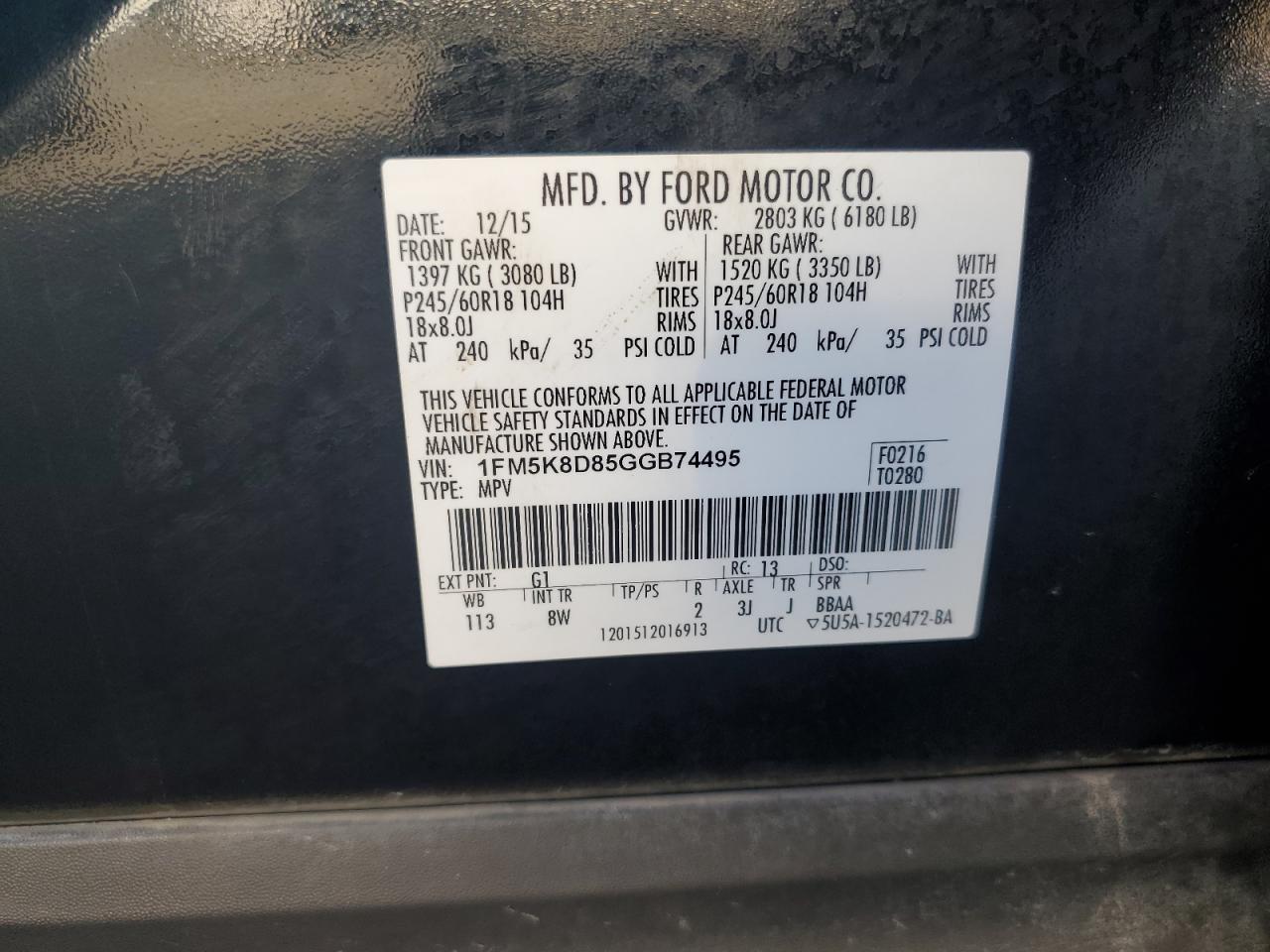 2016 Ford Explorer VIN 1FM5K8D85GGB74495 Copart auction photo, rear end damage thumbnail 13