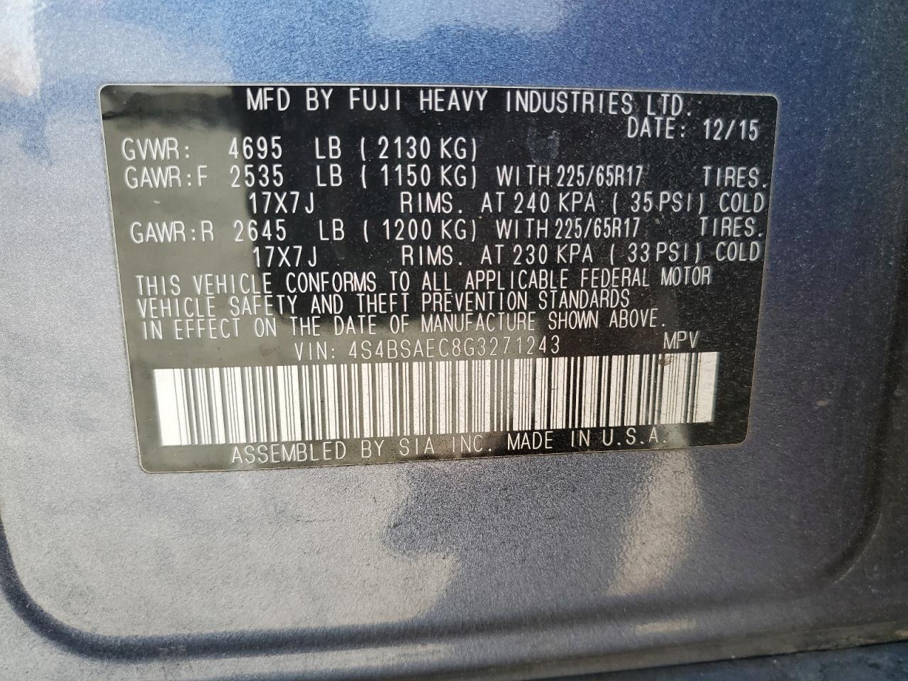 2016 Subaru Outback VIN 4S4BSAEC8G3271243 Copart auction photo, front end / minor dent/scratches damage thumbnail 13