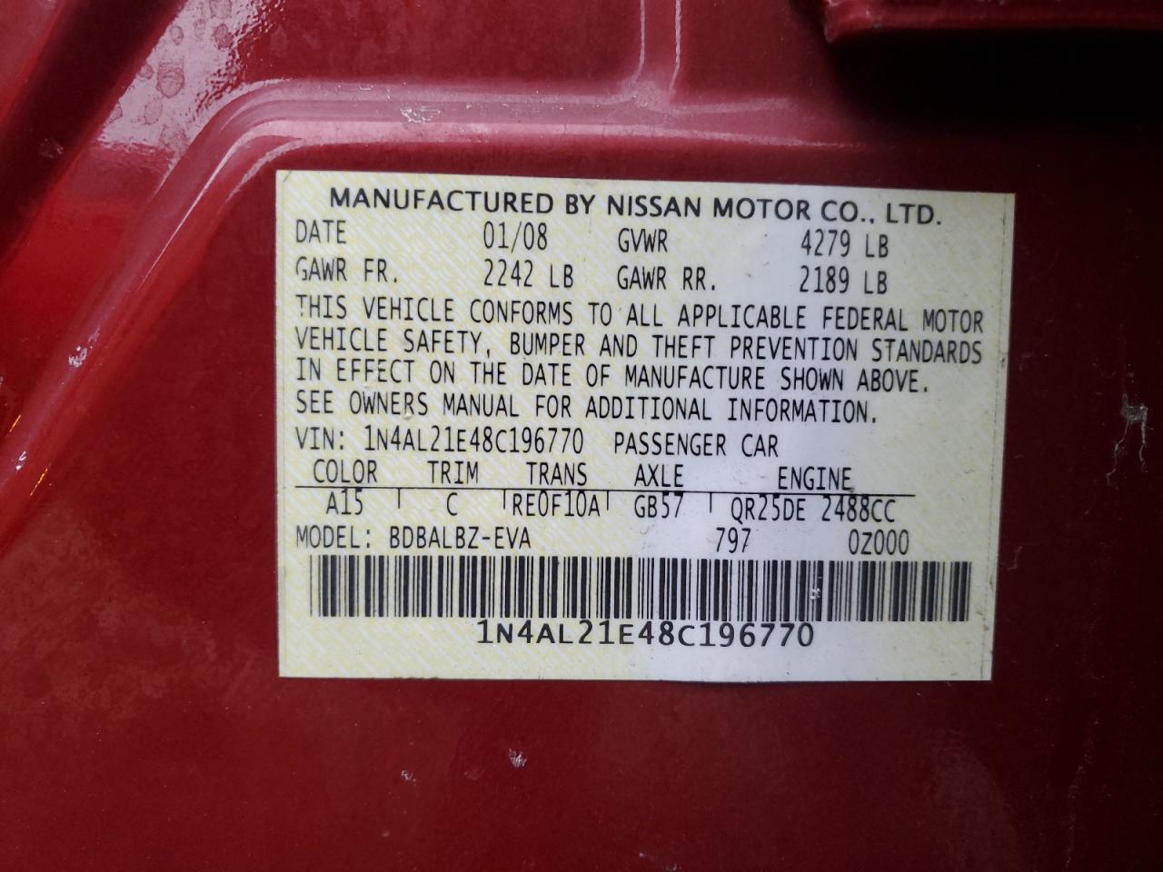 2008 Nissan Altima VIN 1N4AL21E48C196770 Copart auction photo, rear end / mechanical damage thumbnail 12