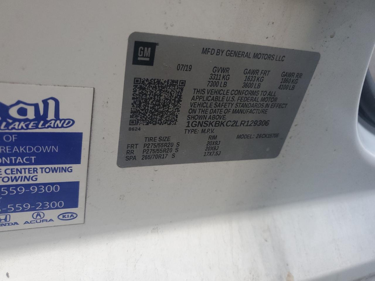 2020 Chevrolet Tahoe VIN 1GNSKBKC2LR129306 Copart auction photo, biohazard/chemical / front end damage thumbnail 14