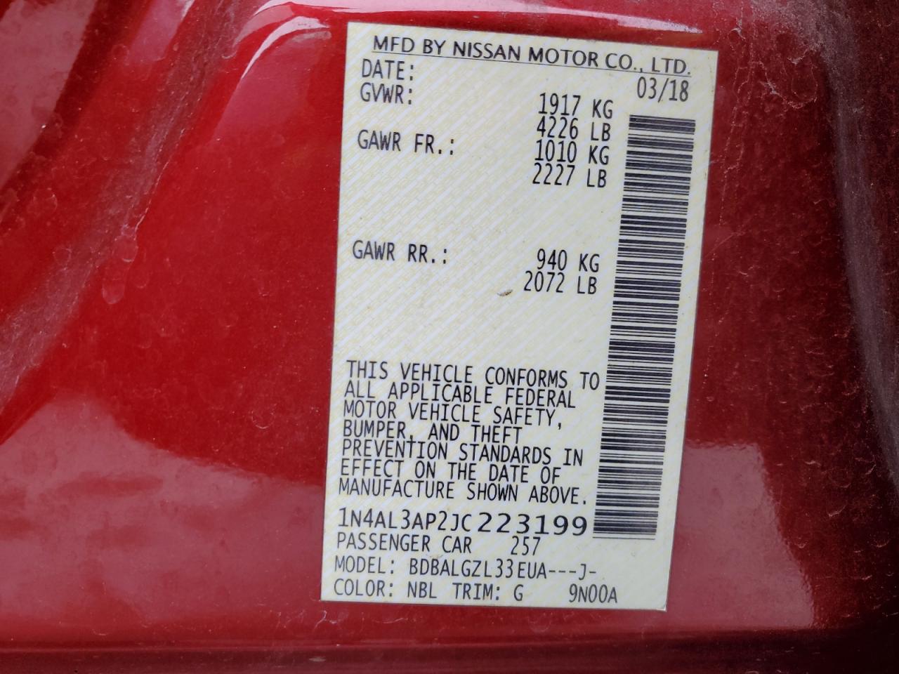 2018 Nissan Altima VIN 1N4AL3AP2JC223199 Copart auction photo, burn damage thumbnail 13
