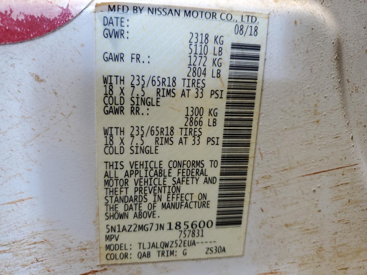 2018 Nissan Murano VIN 5N1AZ2MG7JN185600 Copart auction photo, front end / side damage thumbnail 14