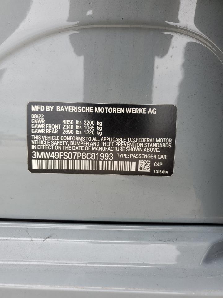 2023 BMW M3 VIN 3MW49FS07P8C81993 Copart auction photo, rear end / front end damage thumbnail 12