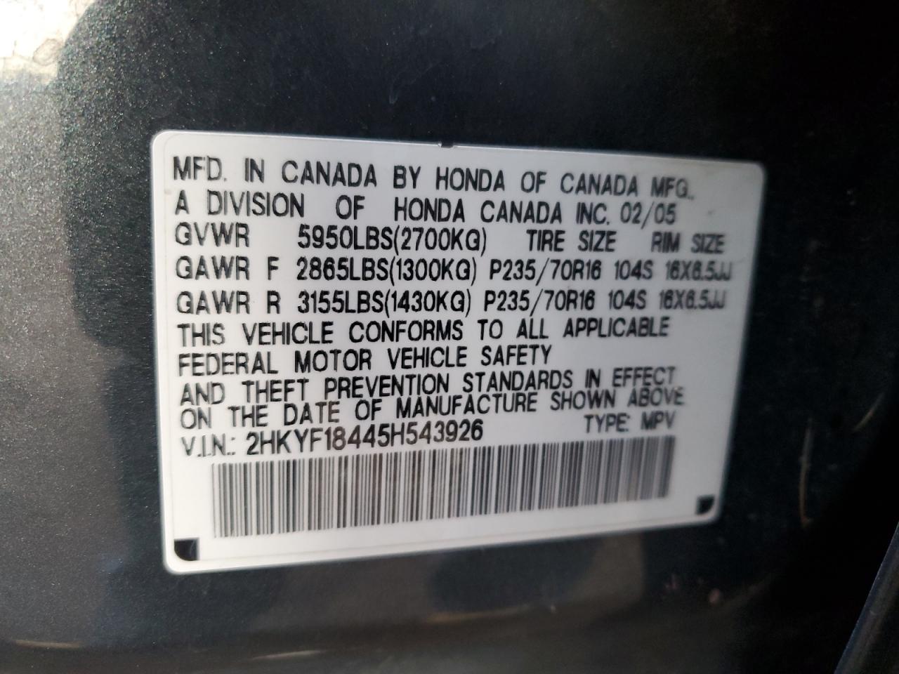 2005 Honda Pilot VIN 2HKYF18445H543926 Copart auction photo, front end damage thumbnail 13