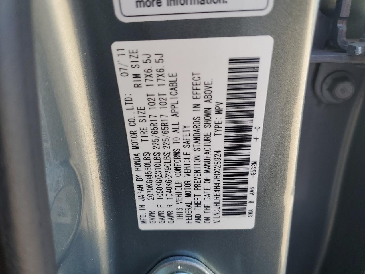 2011 Honda CR-V VIN JHLRE4H47BC028924 Copart auction photo, front end damage thumbnail 13