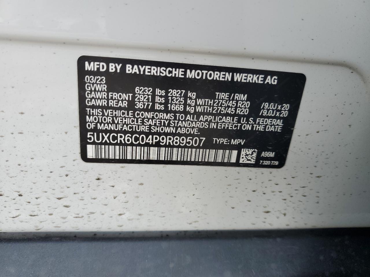 2023 BMW X5 VIN 5UXCR6C04P9R89507 Copart auction photo, front end / side damage thumbnail 14