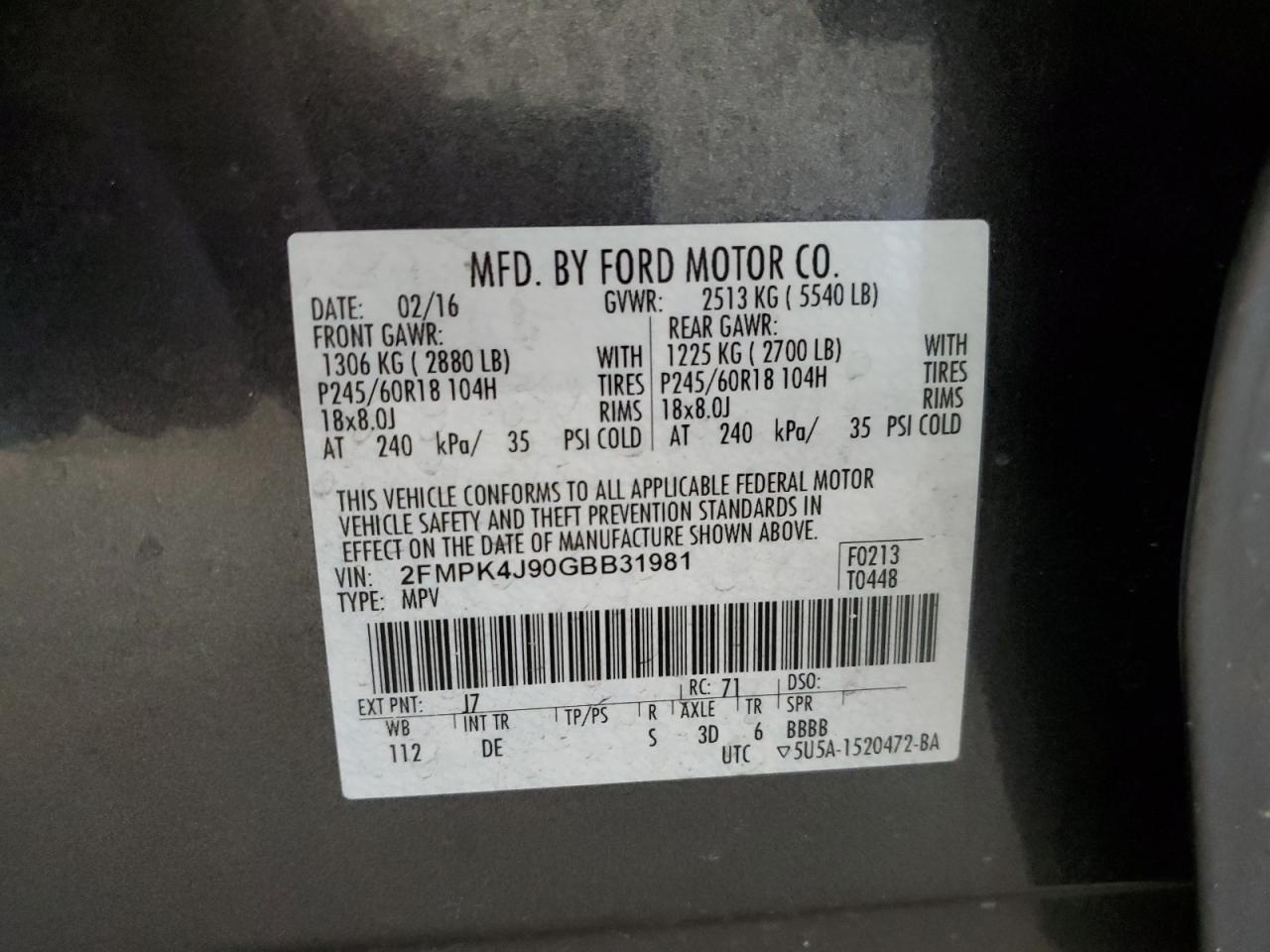 2016 Ford Edge VIN 2FMPK4J90GBB31981 Copart auction photo, front end damage thumbnail 14