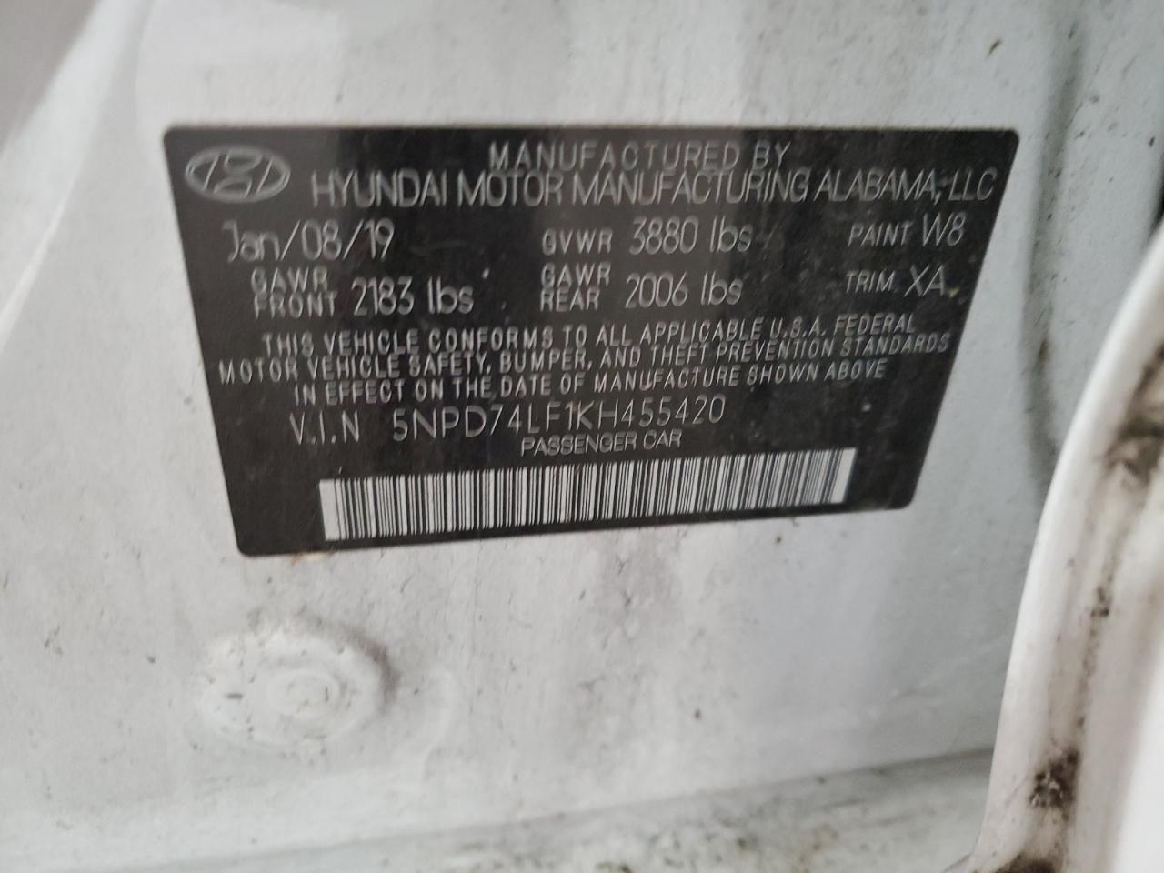 2019 Hyundai Elantra VIN 5NPD74LF1KH455420 Copart auction photo, front end damage thumbnail 14