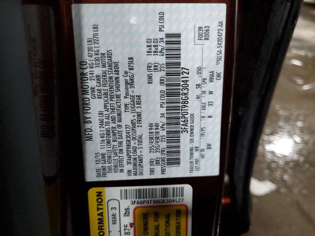 2016 Ford Fusion VIN 3FA6P0T98GR304127 Copart auction photo, side damage thumbnail 12