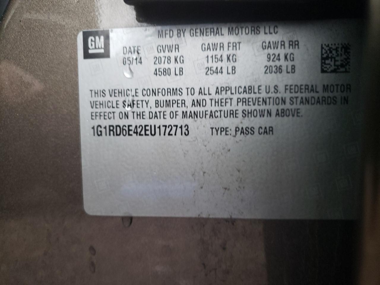 2014 Chevrolet Volt VIN 1G1RD6E42EU172713 Copart auction photo, minor dent/scratches damage thumbnail 12