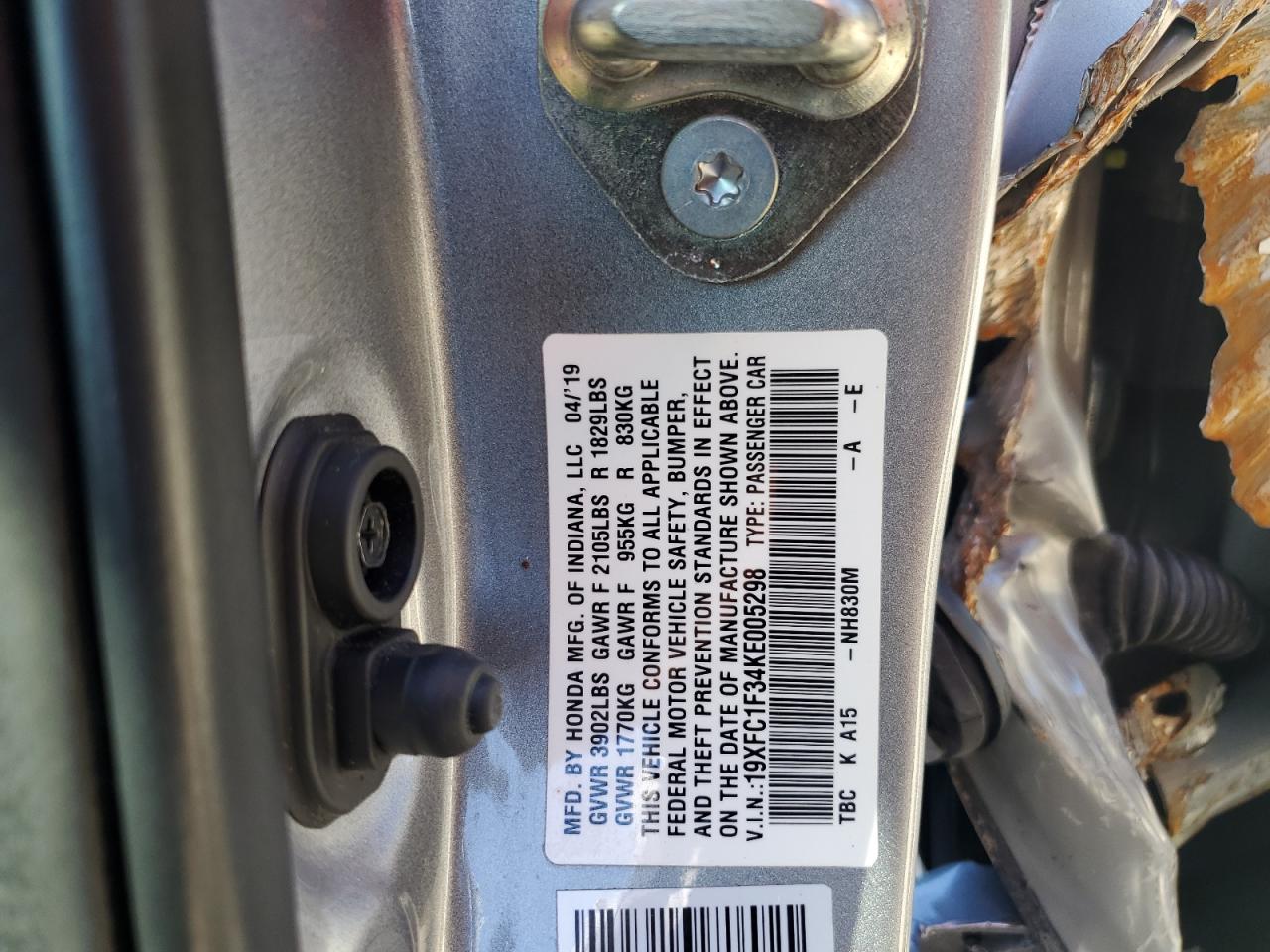 2019 Honda Civic VIN 19XFC1F34KE005298 Copart auction photo, all over damage thumbnail 13