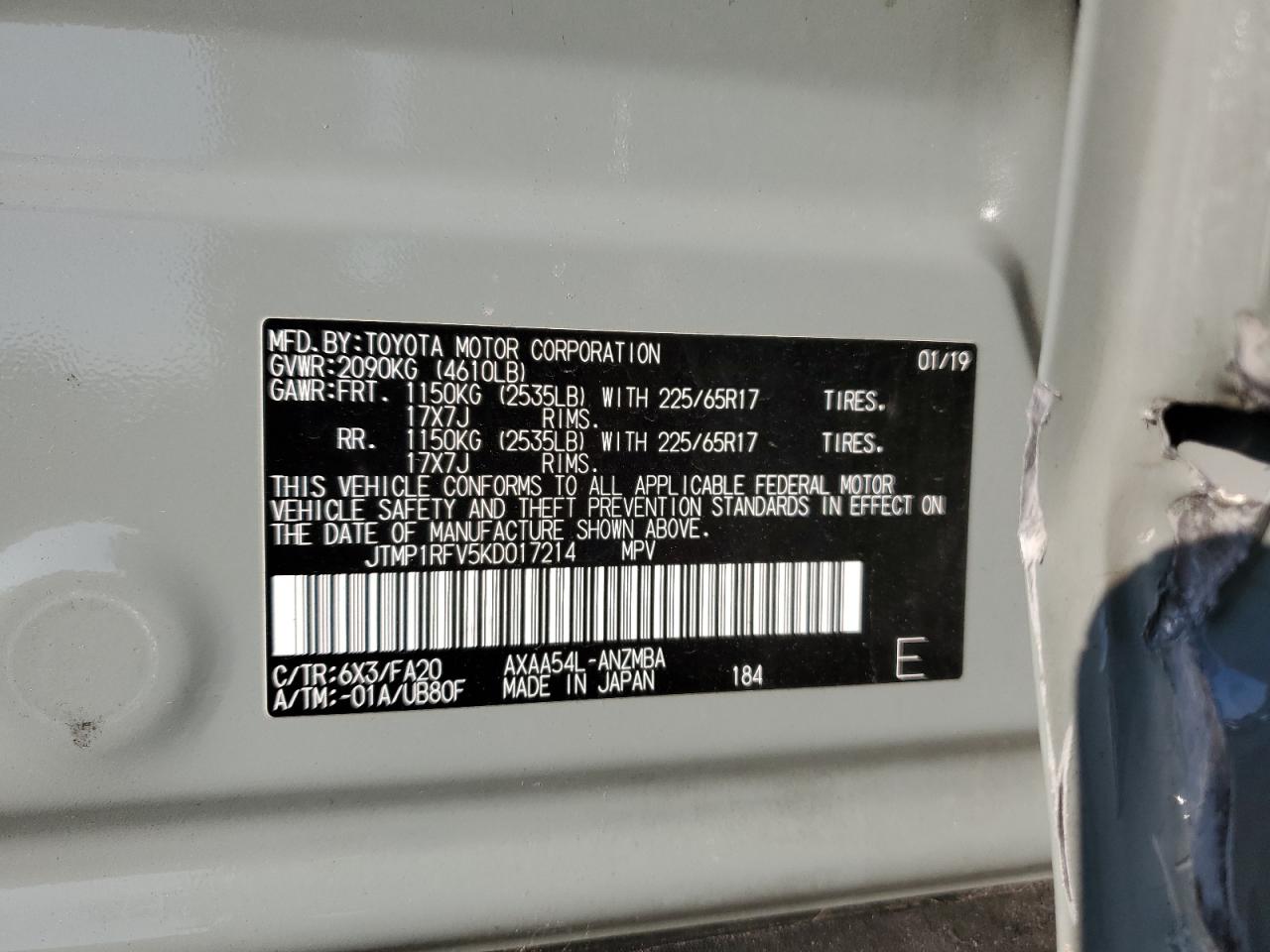 2019 Toyota RAV 4 VIN JTMP1RFV5KD017214 Copart auction photo, front end / rollover damage thumbnail 12
