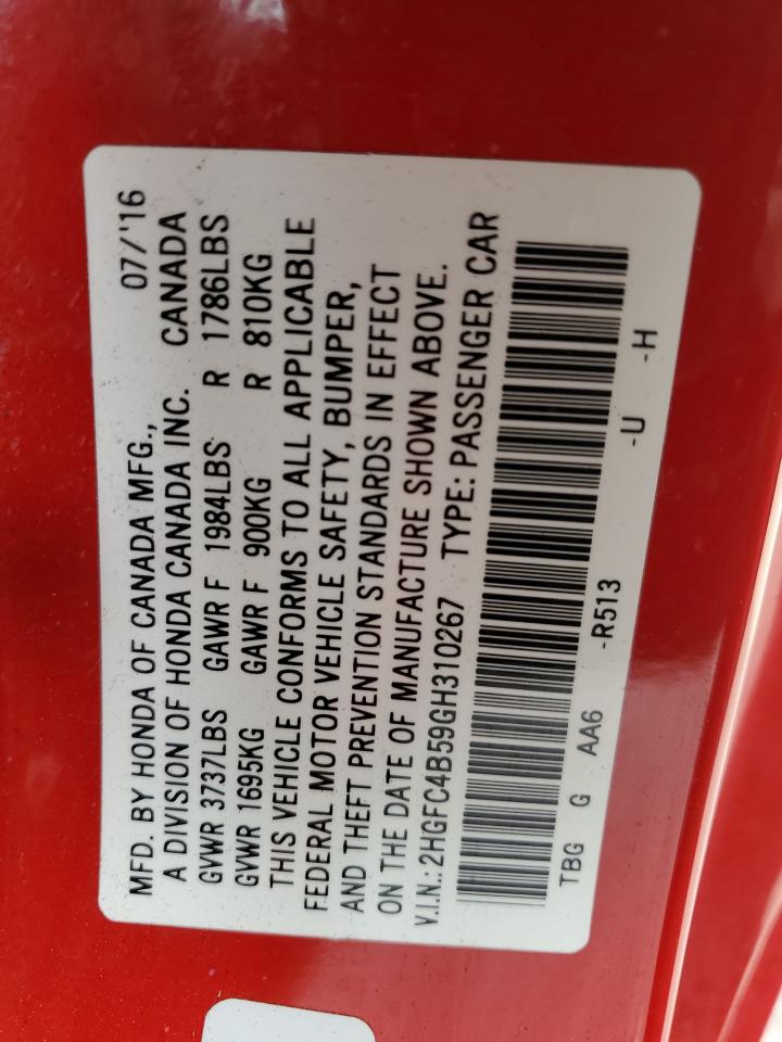 2016 Honda Civic VIN 2HGFC4B59GH310267 Copart auction photo, front end damage thumbnail 14
