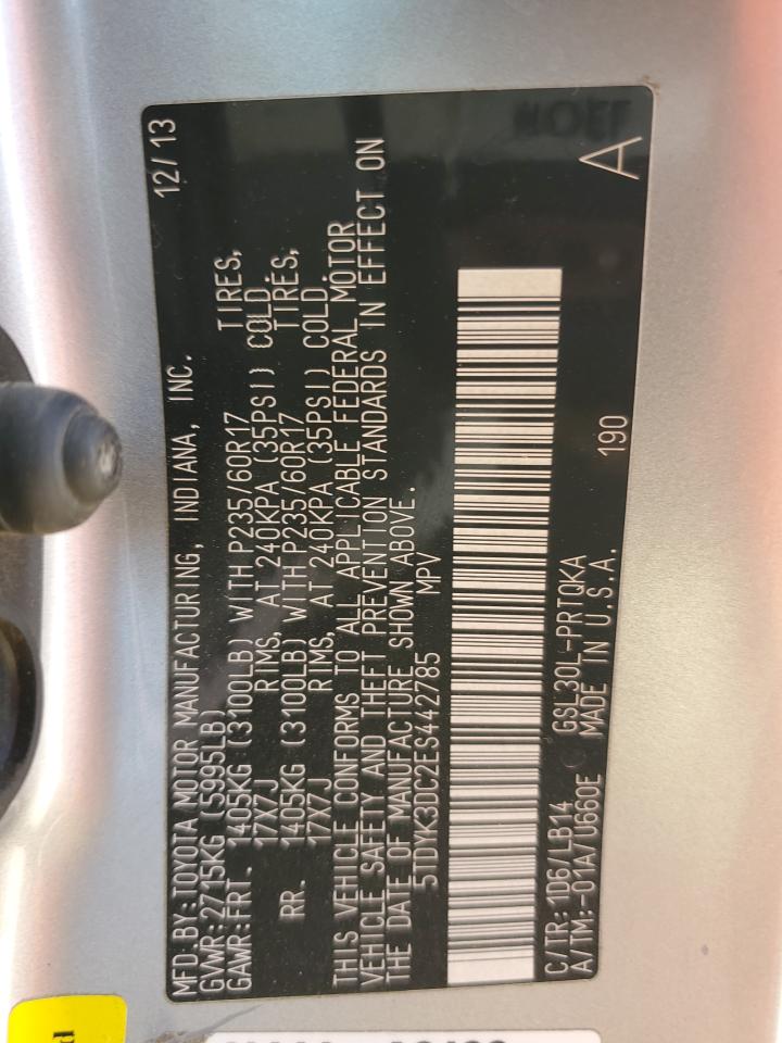 2014 Toyota Sienna VIN 5TDYK3DC2ES442785 Copart auction photo, front end / mechanical damage thumbnail 14