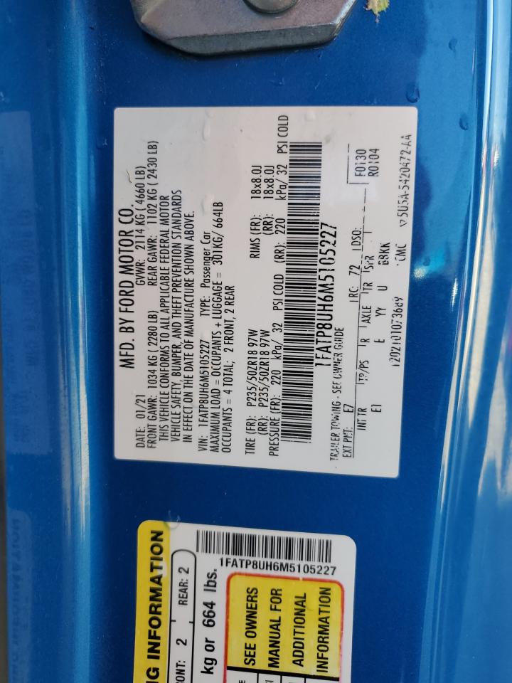 2021 Ford Mustang VIN 1FATP8UH6M5105227 Copart auction photo, water/flood damage thumbnail 12