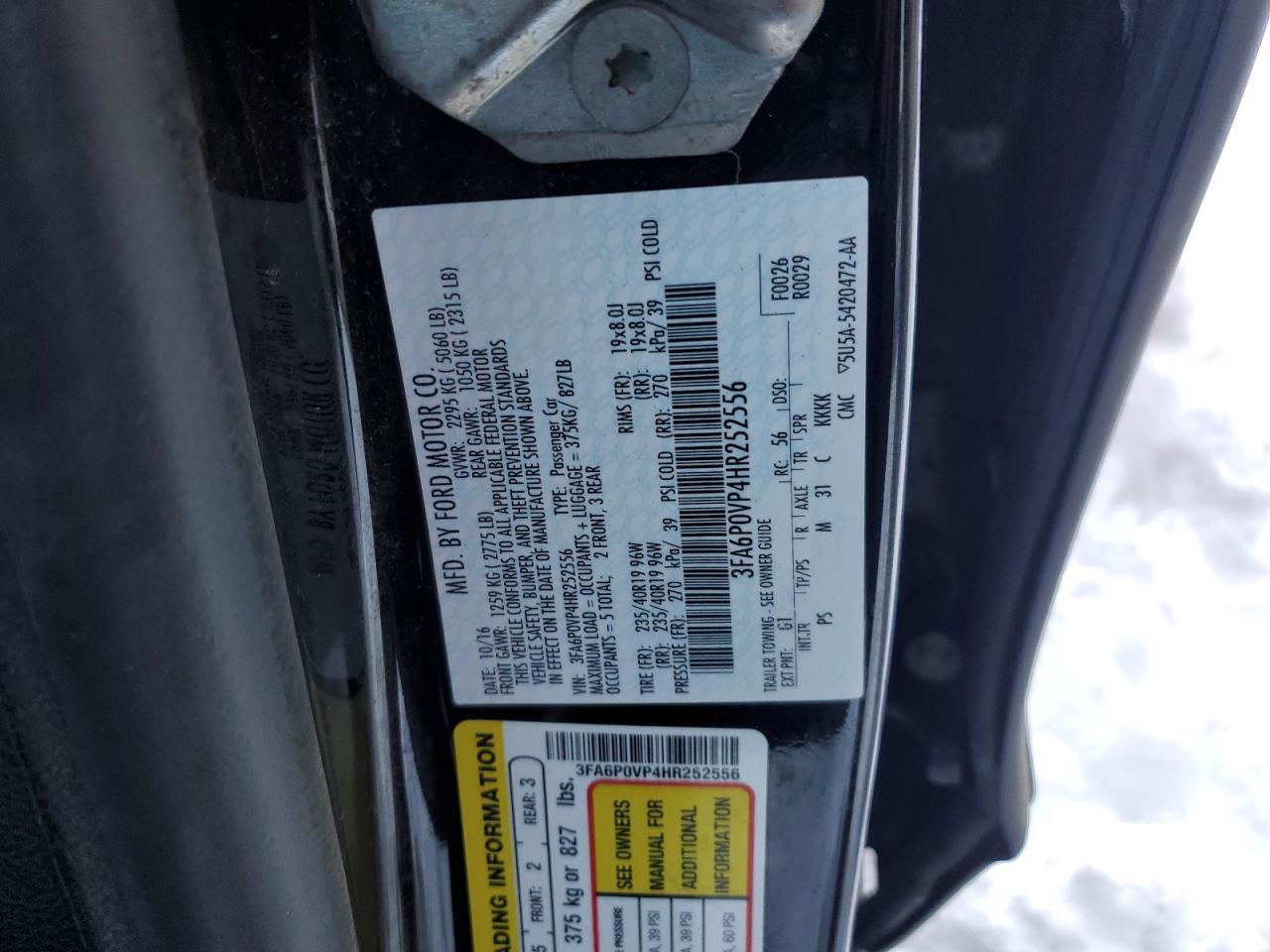2017 Ford Fusion VIN 3FA6P0VP4HR252556 Copart auction photo, side / front end damage thumbnail 12