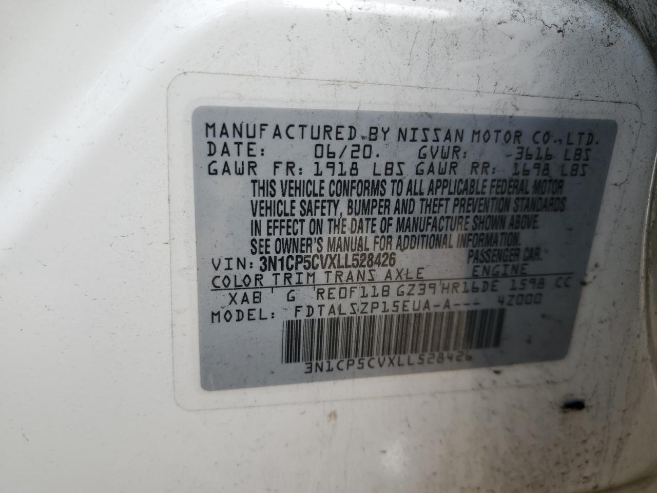 2020 Nissan Kicks VIN 3N1CP5CVXLL528426 Copart auction photo, front end / side damage thumbnail 15