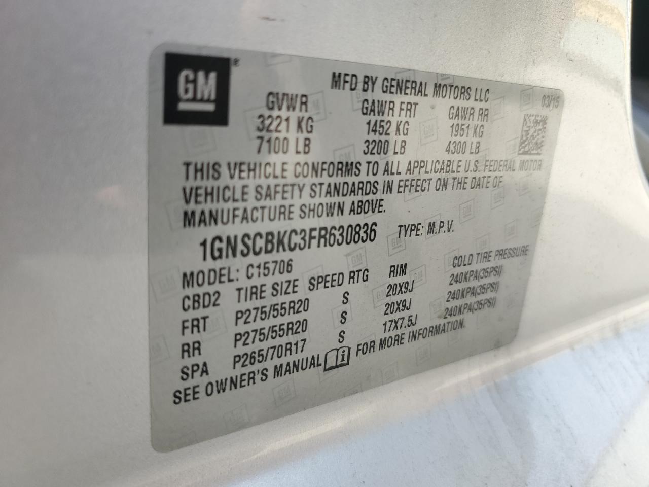 2015 Chevrolet Tahoe VIN 1GNSCBKC3FR630836 Copart auction photo, rear end / front end damage thumbnail 14