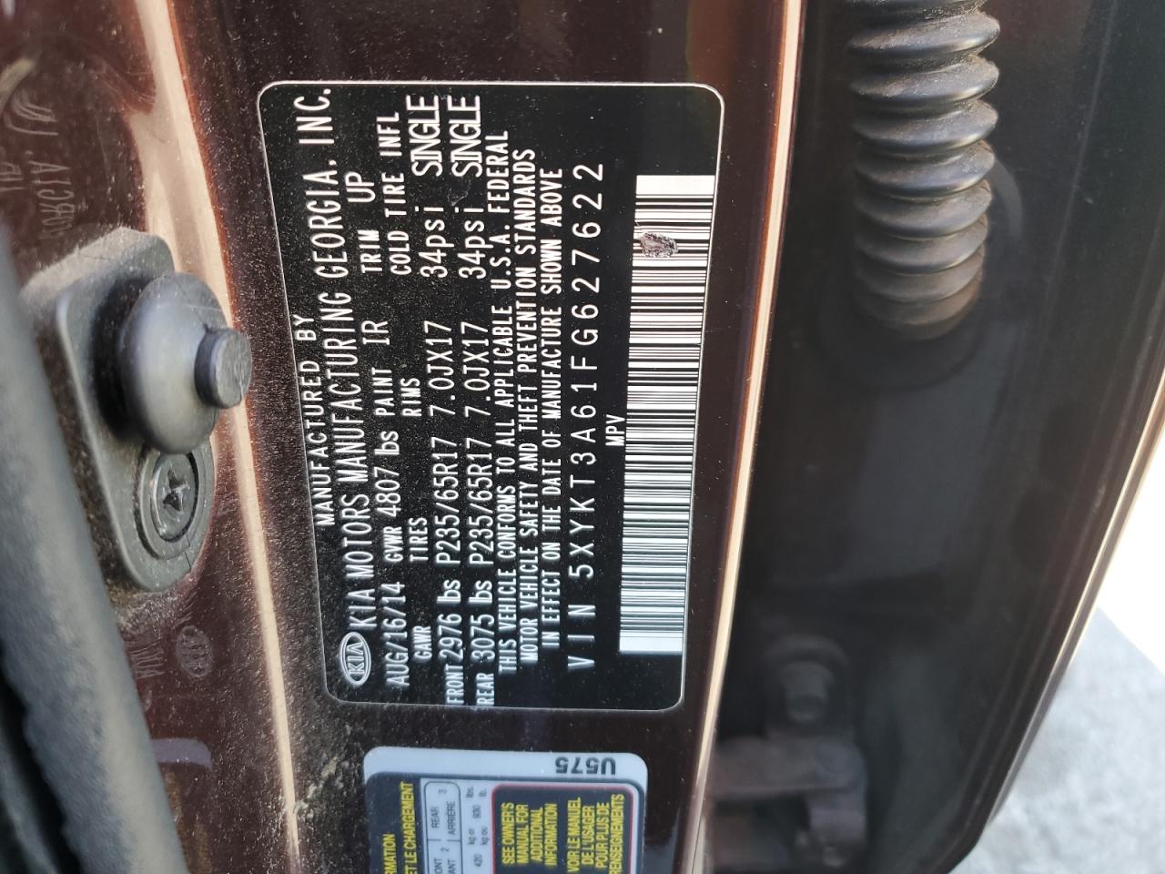 2015 KIA Sorento VIN 5XYKT3A61FG627622 Copart auction photo, front end damage thumbnail 14
