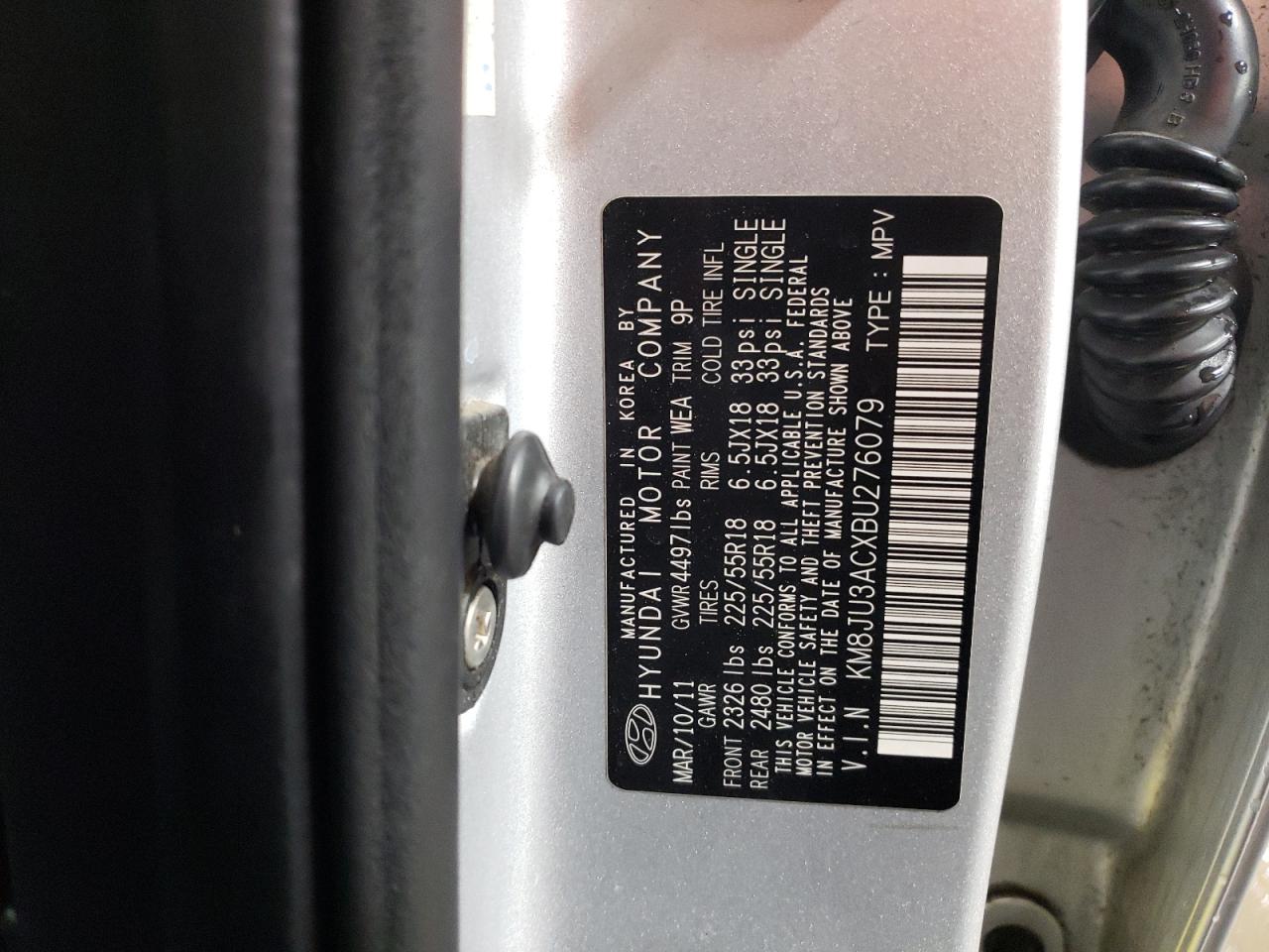 2011 Hyundai Tucson VIN KM8JU3ACXBU276079 Copart auction photo, front end / side damage thumbnail 12