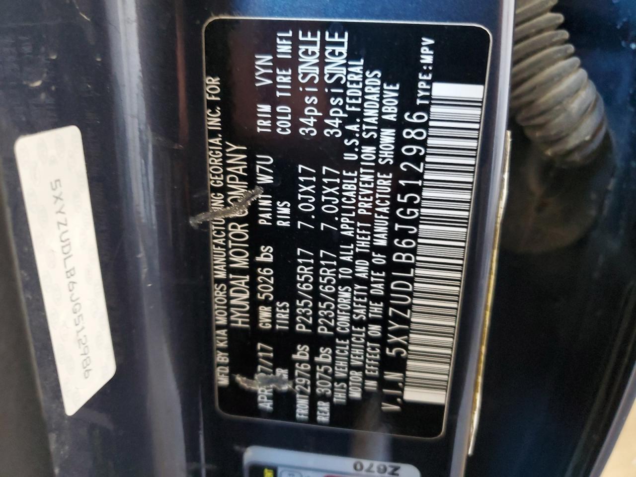 2018 Hyundai Santa Fe VIN 5XYZUDLB6JG512986 Copart auction photo, hail damage thumbnail 15