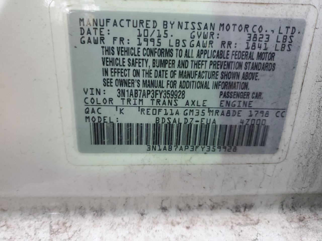 2015 Nissan Sentra VIN 3N1AB7AP3FY359928 Copart auction photo, rear end damage thumbnail 12