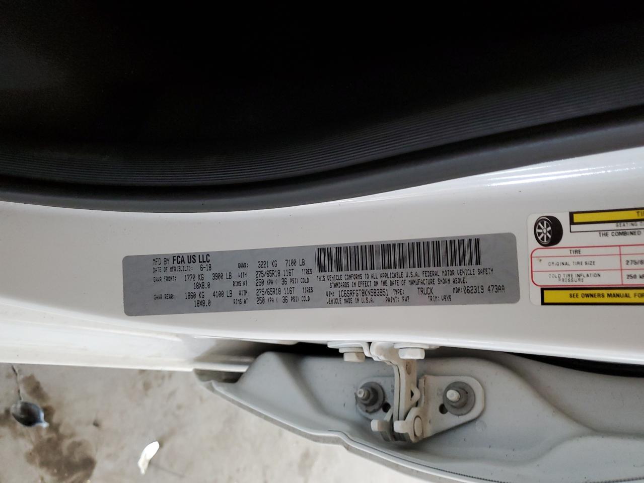 2019 RAM 1500 VIN 1C6SRFGT8KN583951 Copart auction photo, front end damage thumbnail 15