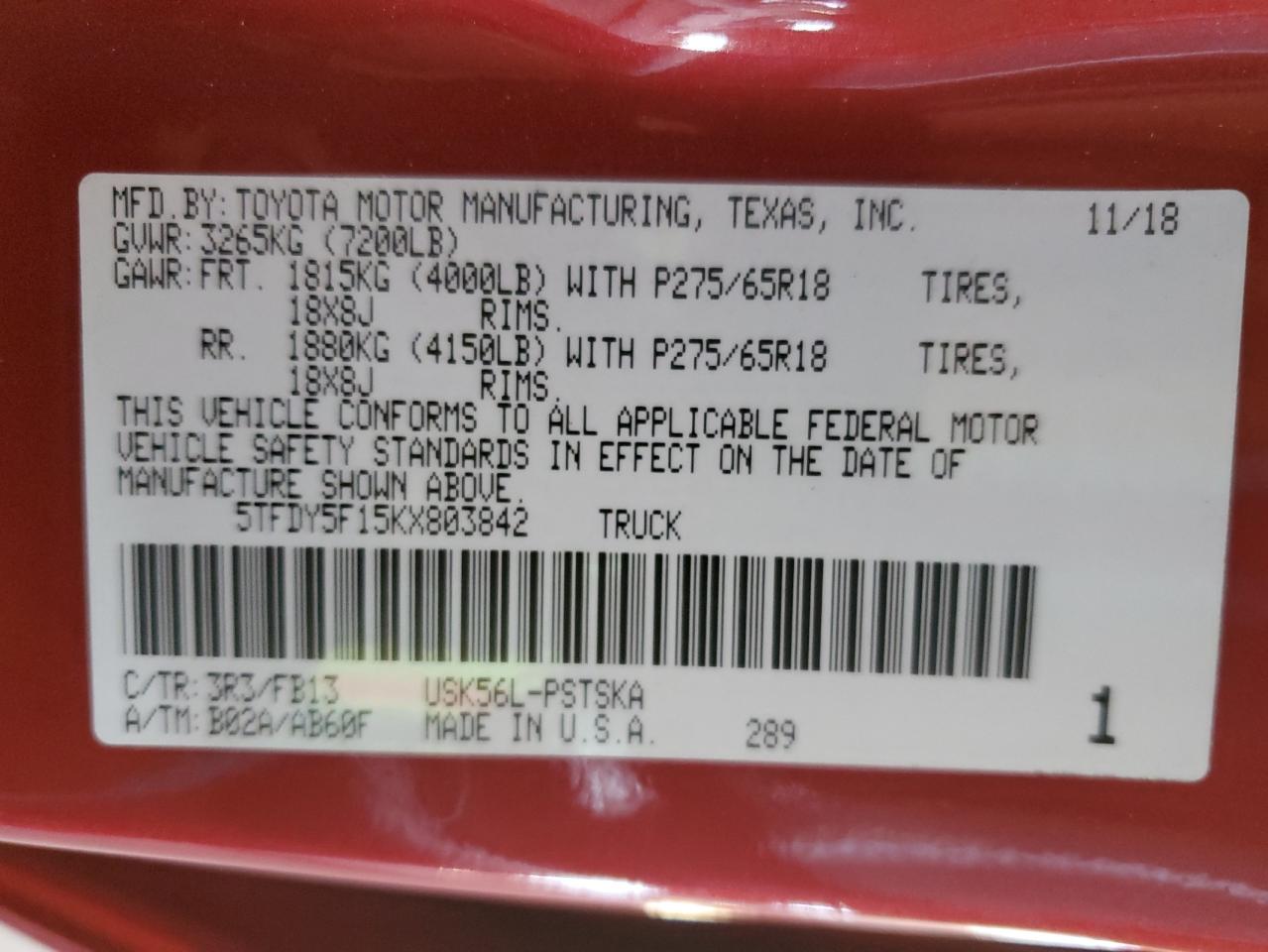 2019 Toyota Tundra VIN 5TFDY5F15KX803842 Copart auction photo, minor dent/scratches damage thumbnail 12