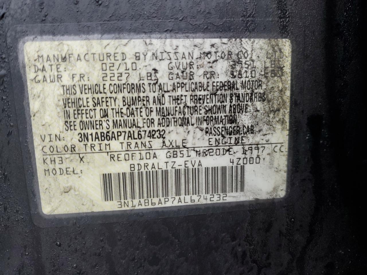 2010 Nissan Sentra VIN 3N1AB6AP7AL674232 Copart auction photo, front end / rear end damage thumbnail 14
