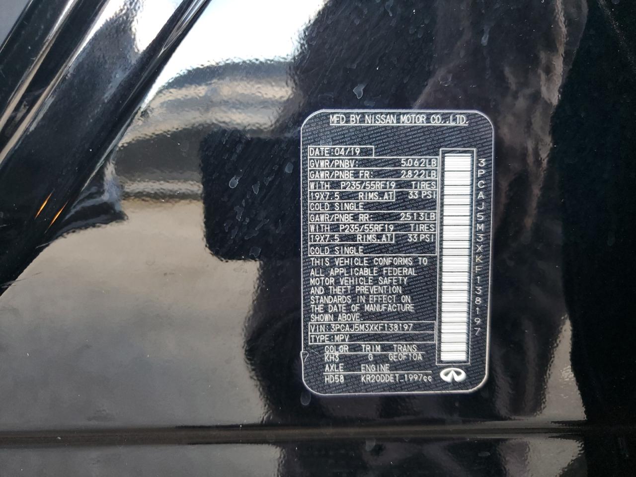 2019 Infiniti QX50 VIN 3PCAJ5M3XKF138197 Copart auction photo, front end damage thumbnail 15