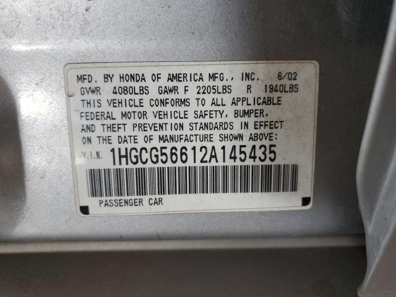 2002 Honda Accord VIN 1HGCG56612A145435 Copart auction photo, front end / side damage thumbnail 12