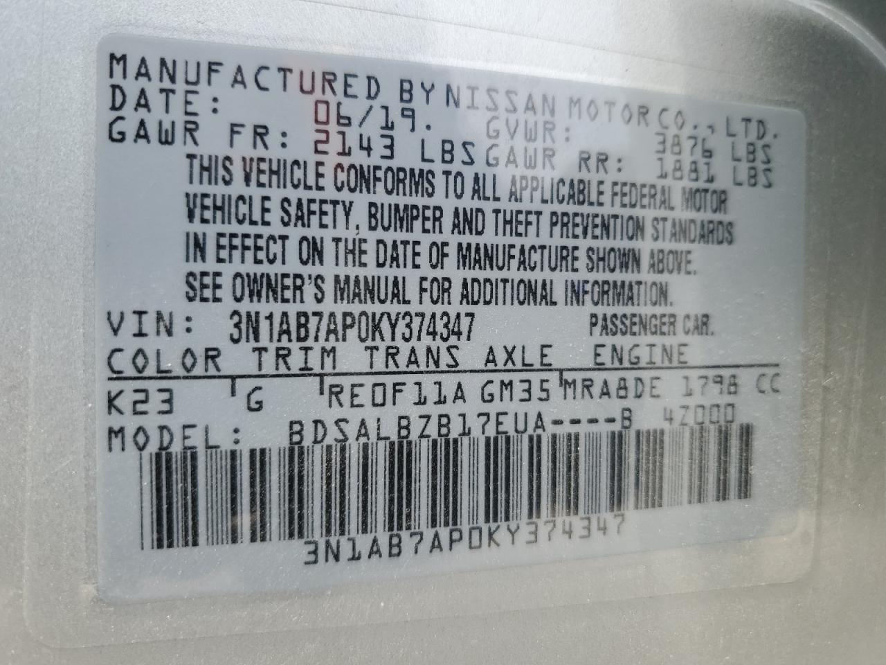 2019 Nissan Sentra VIN 3N1AB7AP0KY374347 Copart auction photo, front end damage thumbnail 12