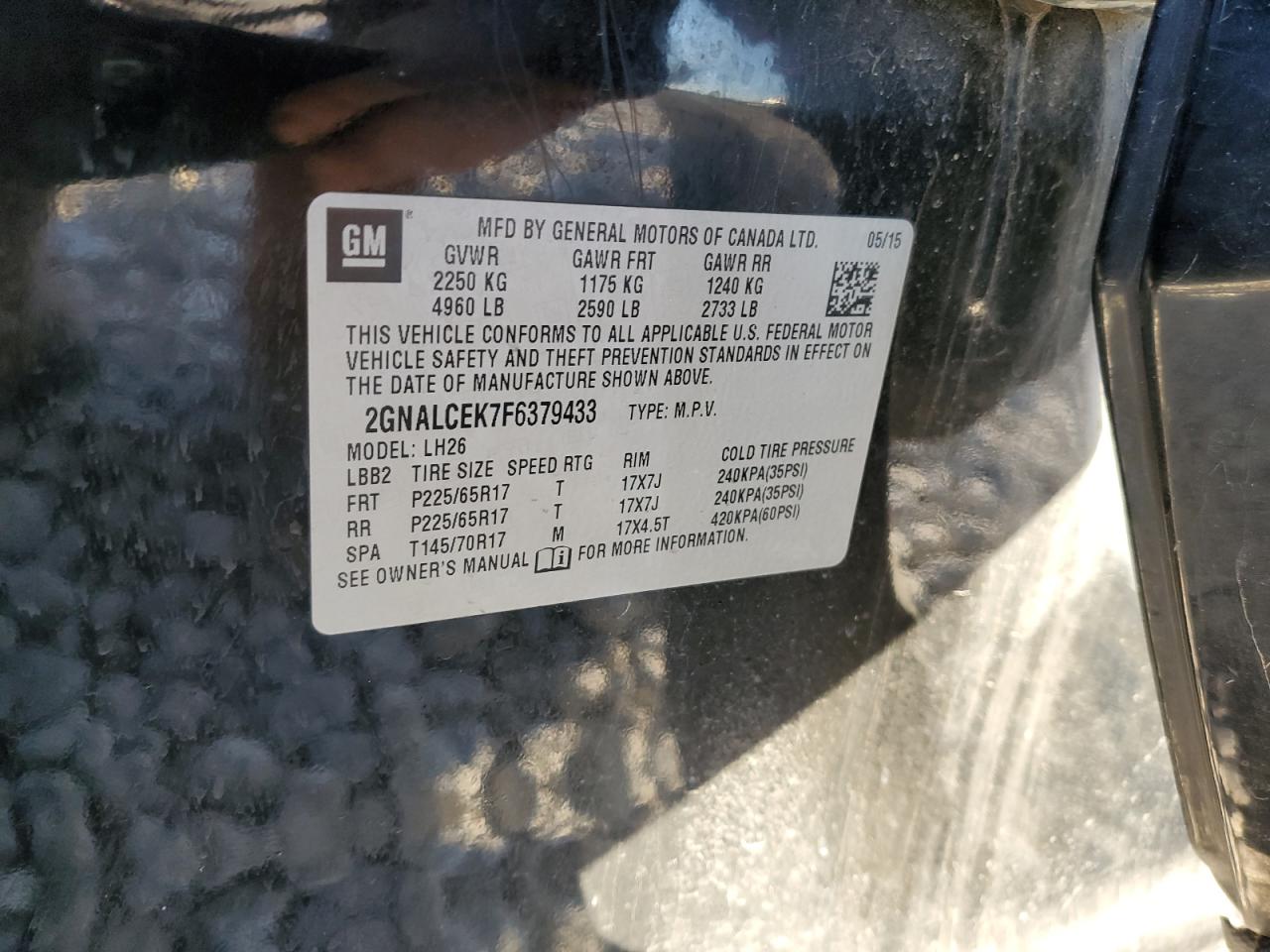 2015 Chevrolet Equinox VIN 2GNALCEK7F6379433 Copart auction photo, all over damage thumbnail 14