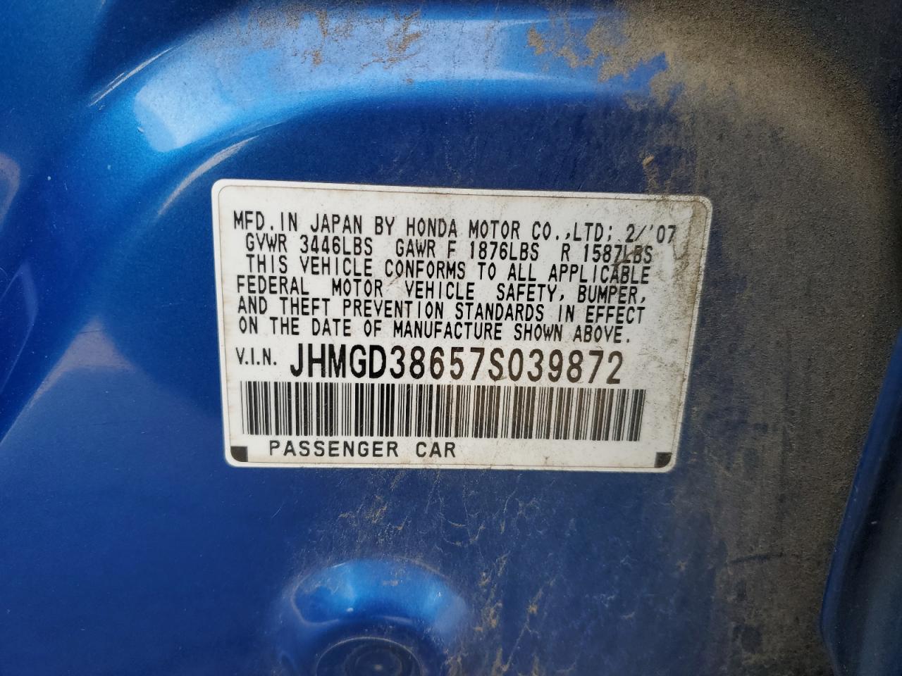 2007 Honda Fit VIN JHMGD38657S039872 Copart auction photo, all over damage thumbnail 12