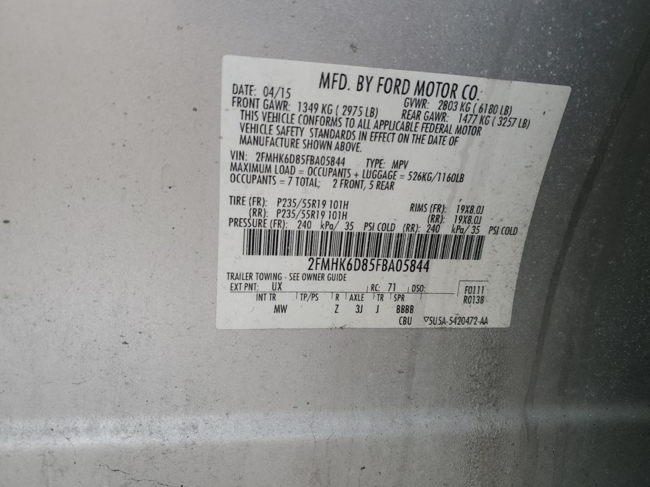 2015 Ford Flex VIN 2FMHK6D85FBA05844 Copart auction photo, rear end damage thumbnail 13