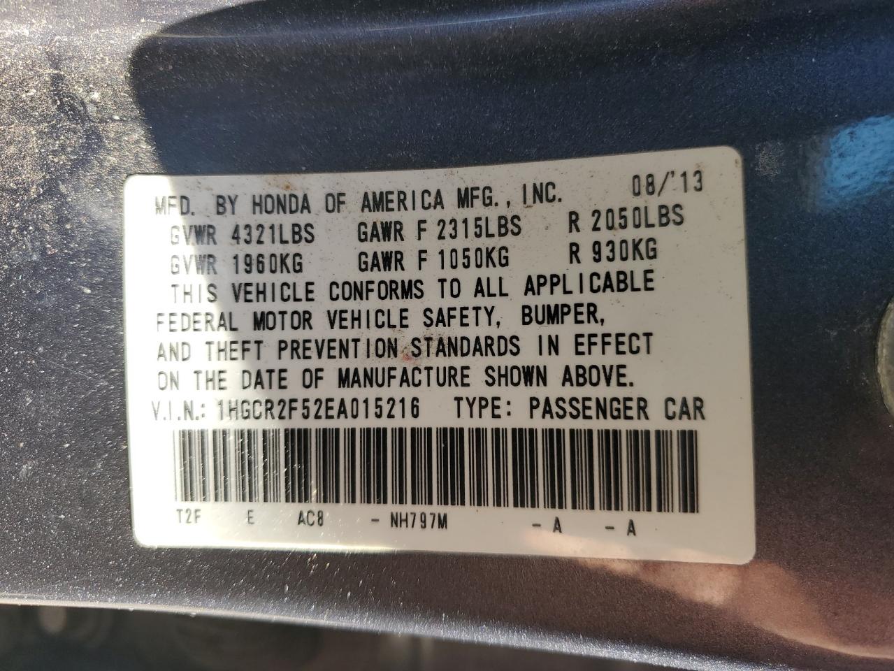 2014 Honda Accord VIN 1HGCR2F52EA015216 Copart auction photo, front end / rear end damage thumbnail 13