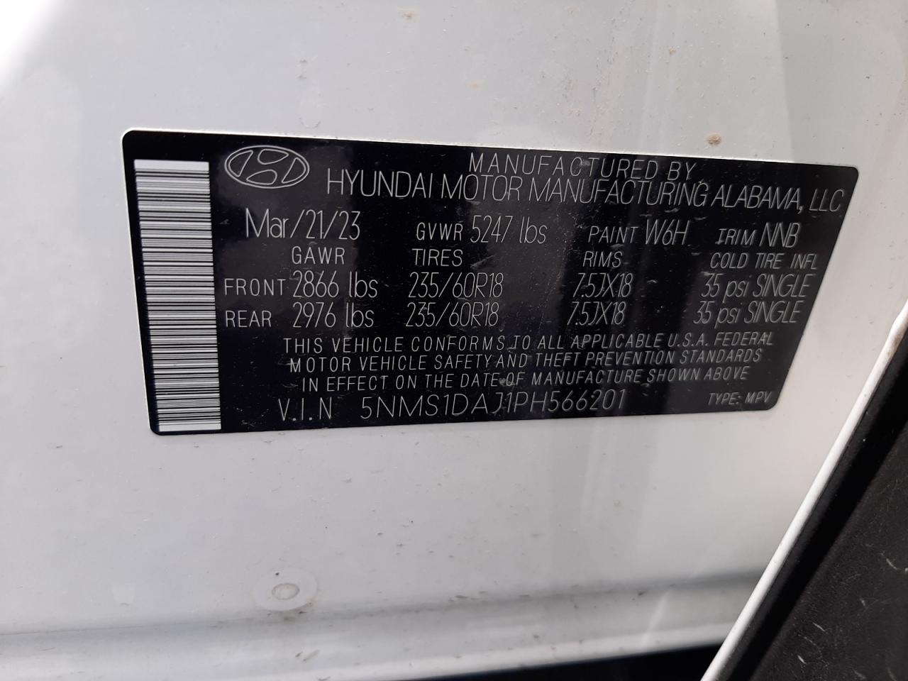 2023 Hyundai Santa Fe VIN 5NMS1DAJ1PH566201 Copart auction photo, minor dent/scratches damage thumbnail 13