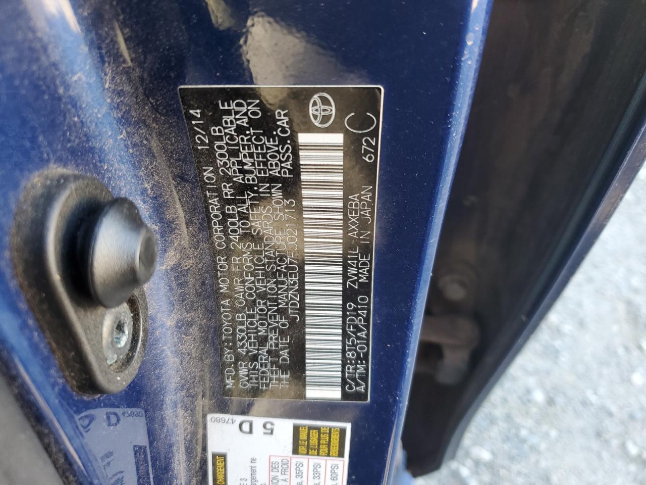 2015 Toyota Prius VIN JTDZN3EU7FJ021713 Copart auction photo, side / rear end damage thumbnail 12