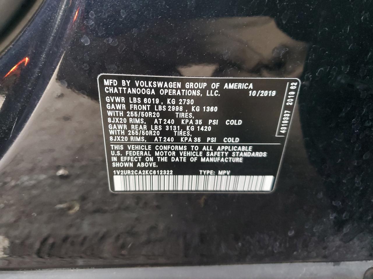 2019 Volkswagen Atlas VIN 1V2UR2CA2KC612322 Copart auction photo, hail damage thumbnail 13