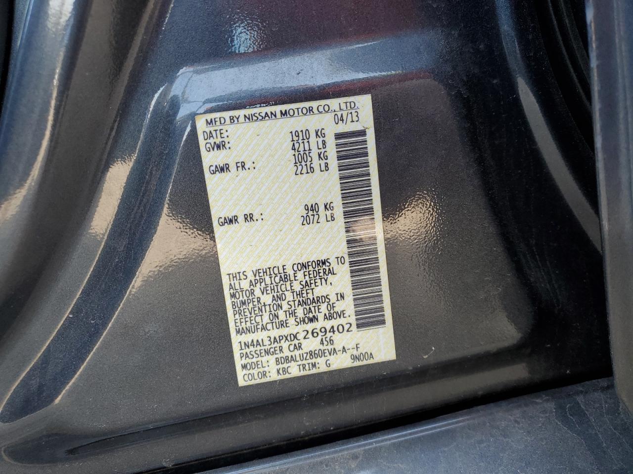 2013 Nissan Altima VIN 1N4AL3APXDC269402 Copart auction photo, rear end / front end damage thumbnail 12
