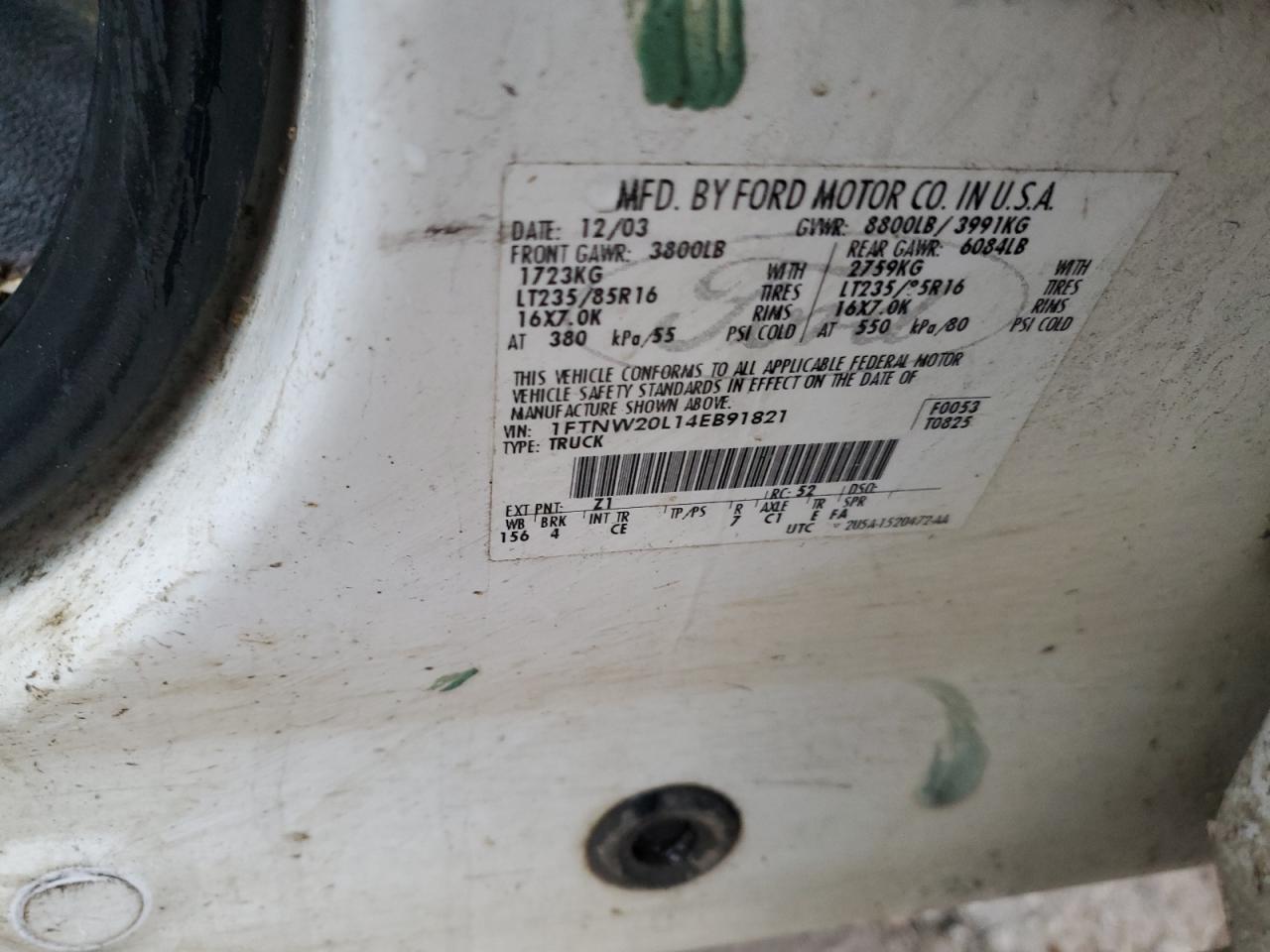 2004 Ford F250 VIN 1FTNW20L14EB91821 Copart auction photo, mechanical / minor dent/scratches damage thumbnail 12