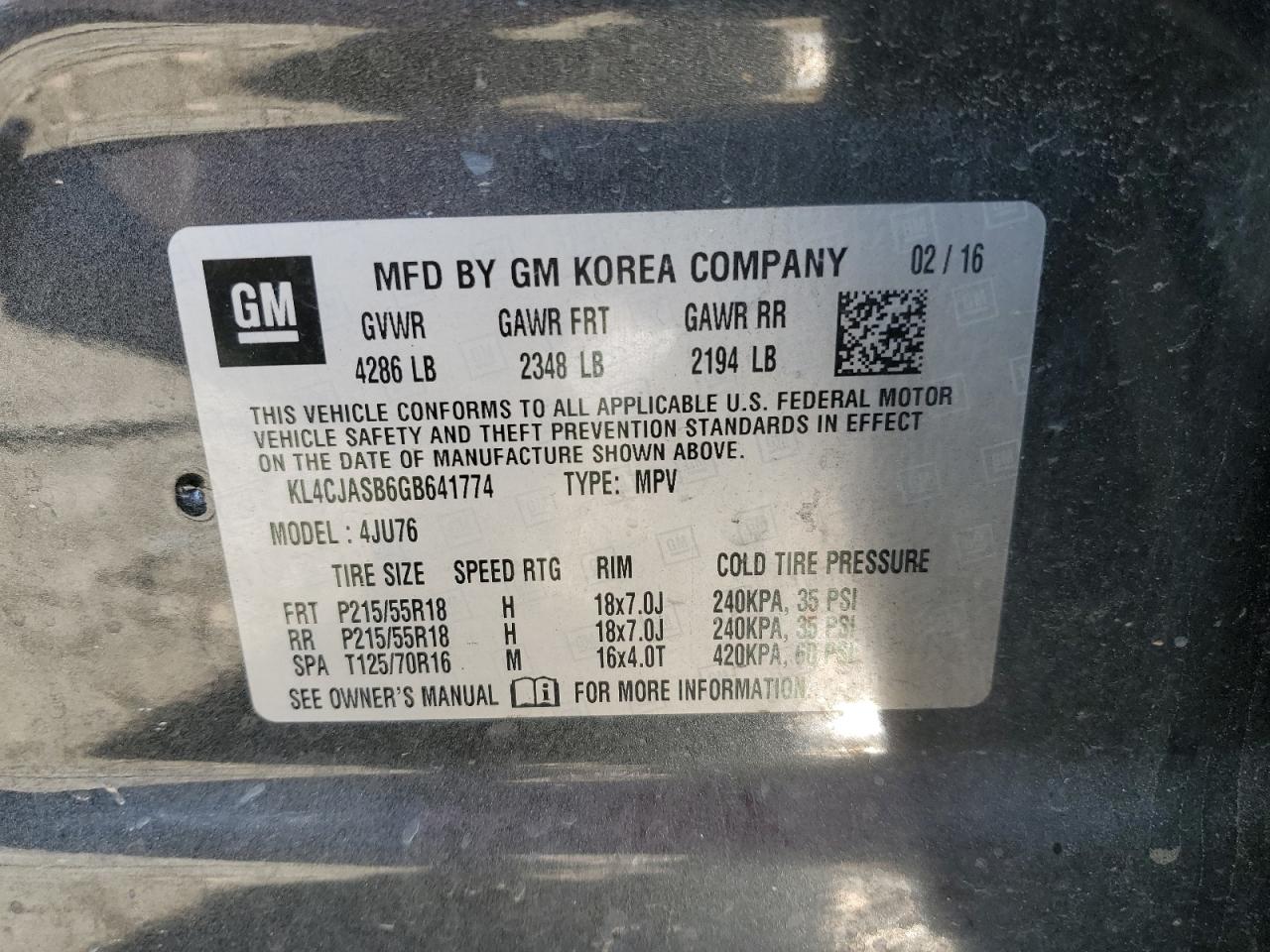 2016 Buick Encore VIN KL4CJASB6GB641774 Copart auction photo, front end damage thumbnail 12