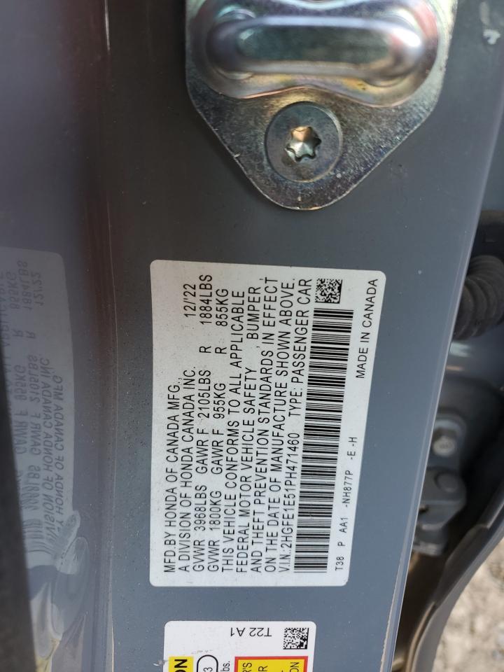 2023 Honda Civic VIN 2HGFE1E51PH471460 Copart auction photo, front end / rear end damage thumbnail 12