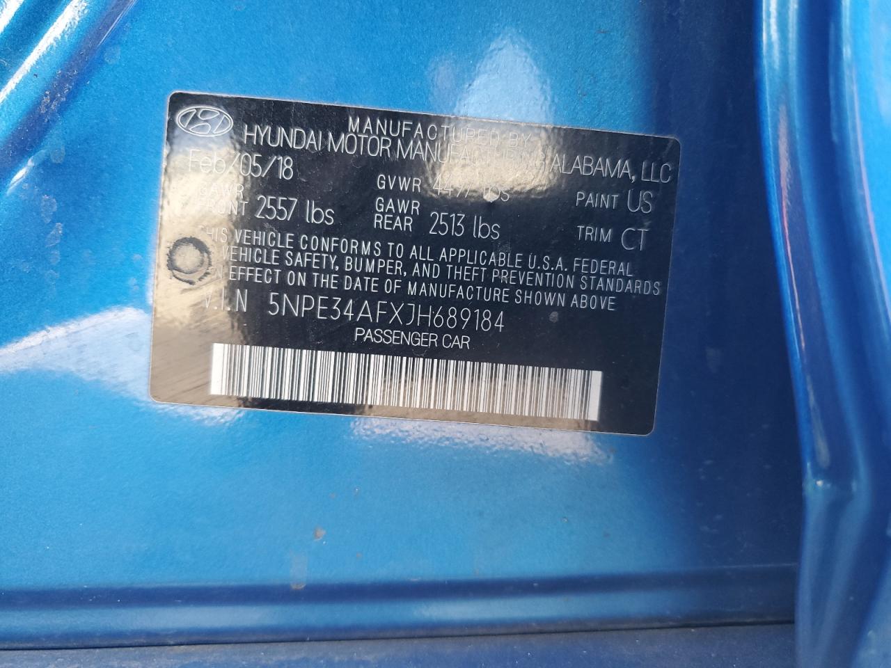 2018 Hyundai Sonata VIN 5NPE34AFXJH689184 Copart auction photo, front end / side damage thumbnail 15