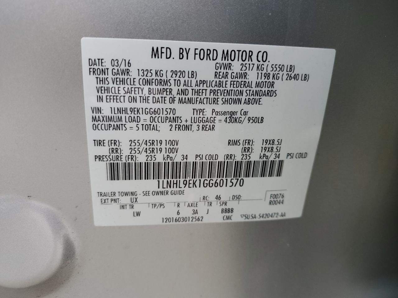 2016 Lincoln MKS VIN 1LNHL9EK1GG601570 Copart auction photo, rear end damage thumbnail 14